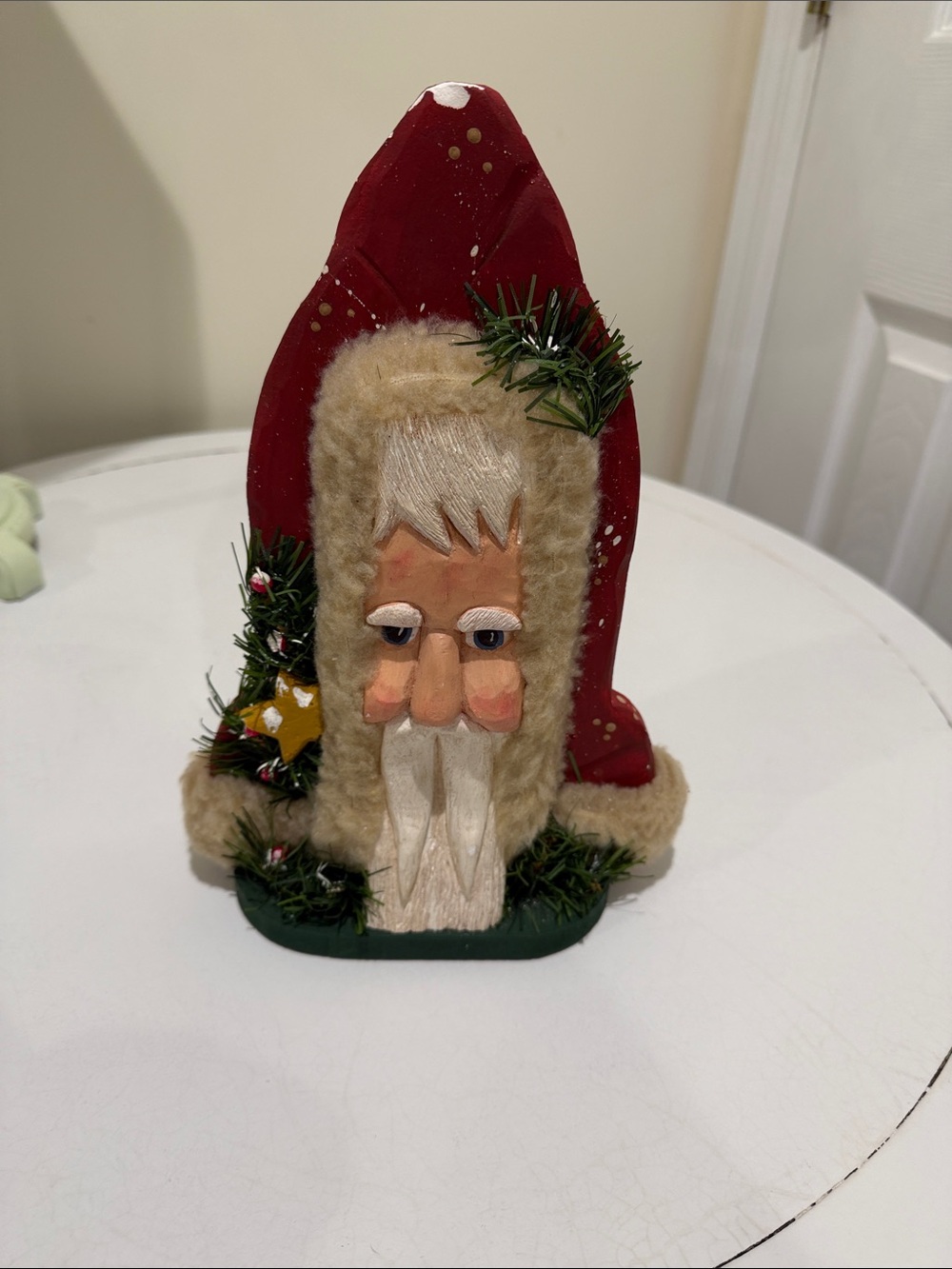 Red Santa Holiday Figurine with Faux Fur Trim wooden vintage handcrafted